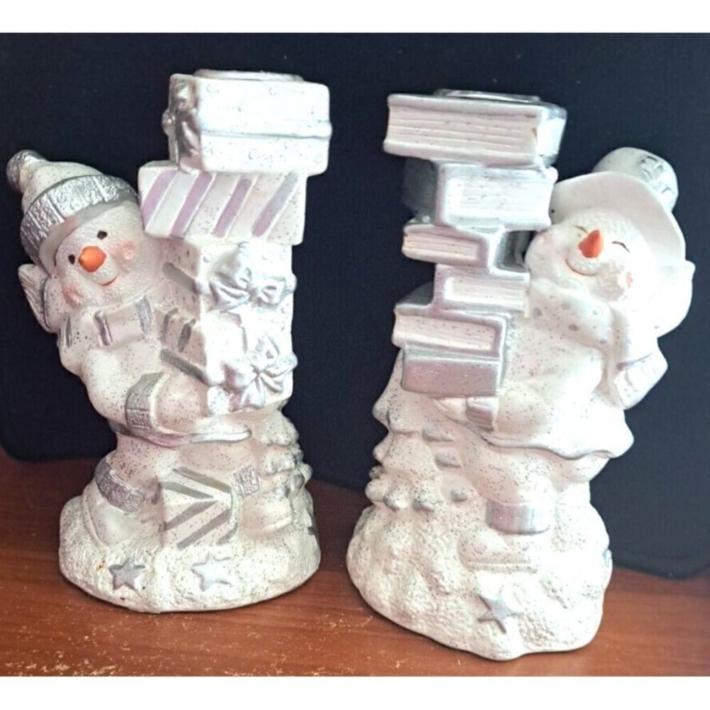 Pair of White and Silver Snowman Taper Candleholders 5.5" Tall